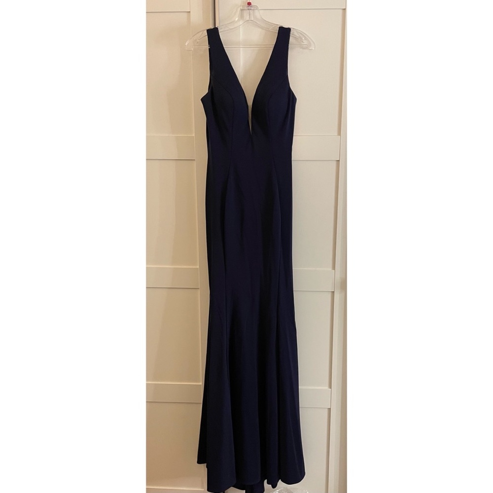 Navy floor length deep plunge gown